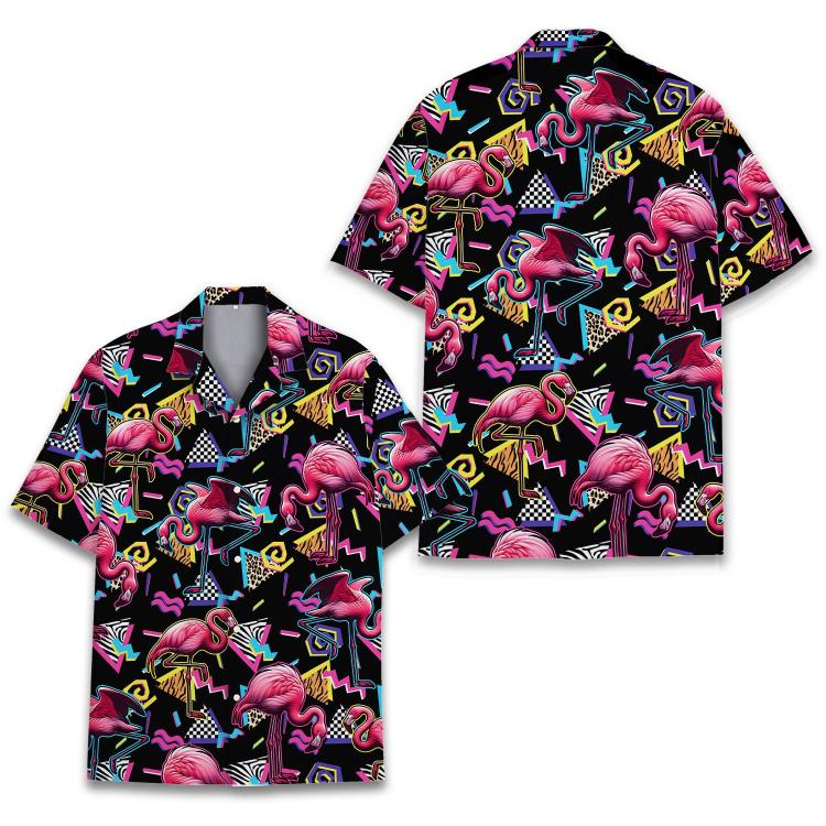 Flamingo Hawaiian Shirts For Men Women Retro 80s Flamingo Summer Beach Button Down