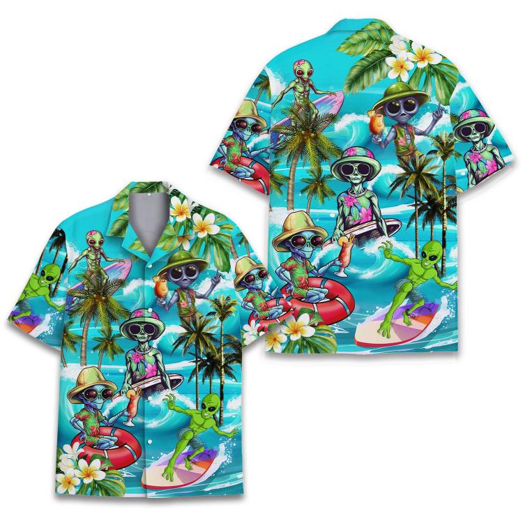 Tropical Alien Hawaiian Shirt For Men Women Tropical Summer Beach Aloha Button Down Short Sleeves Alien Shirts